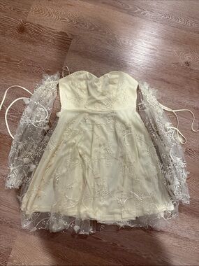 Butter Yellow Floral Embroidered Dress with Sheer Sleeves